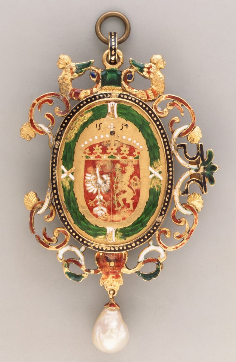 Bona Sforza (1493–1557), Queen of Poland, Cameo by Giovanni Jacopo Caraglio (Italian, Parma or Verona ca. 1500/1505–1565 Krakow (?)), Sardonyx, with inlaid gold and silver details; mounted in 19th century frame as a pendant in gold, with enamel, pearl and ruby, Polish, Krakow cameo with French frame