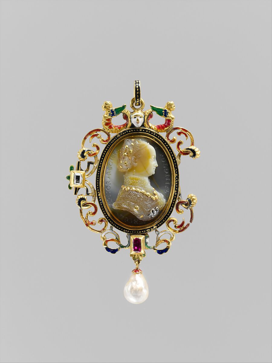 Bona Sforza (1493–1557), Queen of Poland, Cameo by Giovanni Jacopo Caraglio (Italian, Parma or Verona ca. 1500/1505–1565 Krakow (?)), Sardonyx, with inlaid gold and silver details; mounted in 19th century frame as a pendant in gold, with enamel, pearl and ruby, Polish, Krakow cameo with French frame 