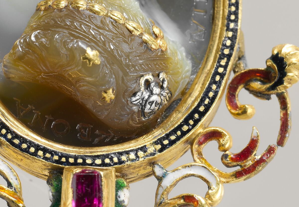 Bona Sforza (1493–1557), Queen of Poland, Cameo by Giovanni Jacopo Caraglio (Italian, Parma or Verona ca. 1500/1505–1565 Krakow (?)), Sardonyx, with inlaid gold and silver details; mounted in 19th century frame as a pendant in gold, with enamel, pearl and ruby, Polish, Krakow cameo with French frame