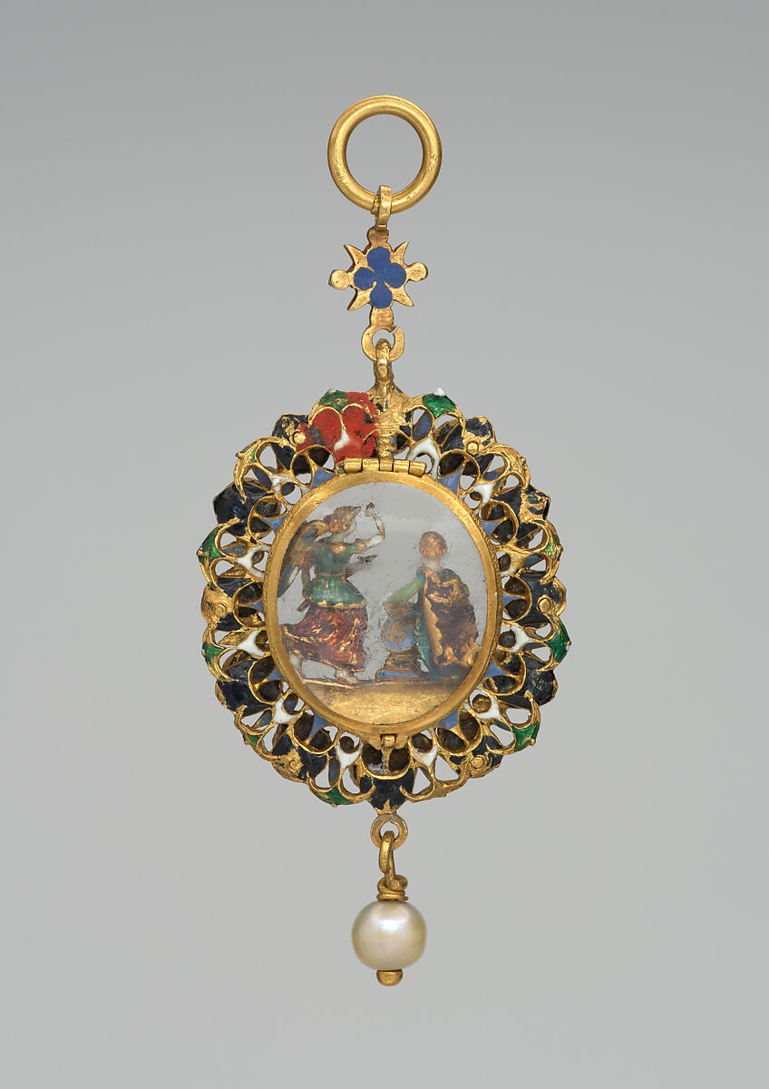 Pendant reliquary with depiction of the Annunciation, Gold, enamel, rubies, crystal, pearl, rock crystal, Spanish