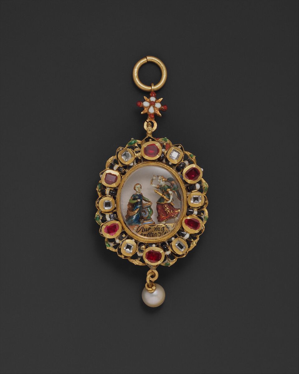 Pendant reliquary with depiction of the Annunciation, Gold, enamel, rubies, crystal, pearl, rock crystal, Spanish 
