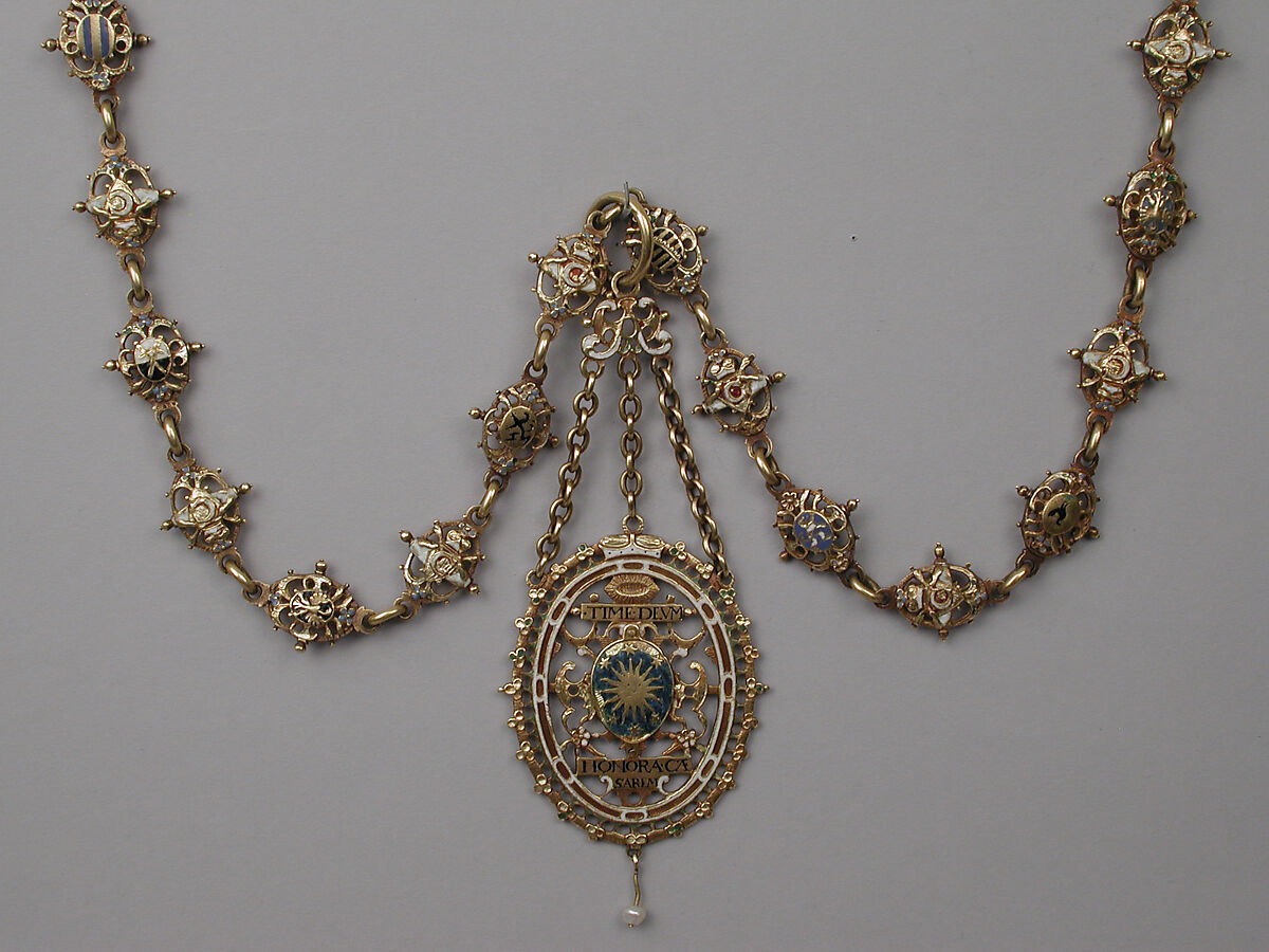 Heraldic chain with pendant badge, Michael Botza (active 1592–1633), Partly enameled gold, pearl, German, Dresden