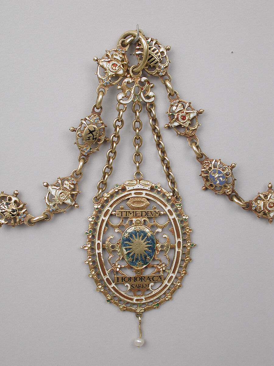 Heraldic chain with pendant badge, Michael Botza (active 1592–1633), Partly enameled gold, pearl, German, Dresden