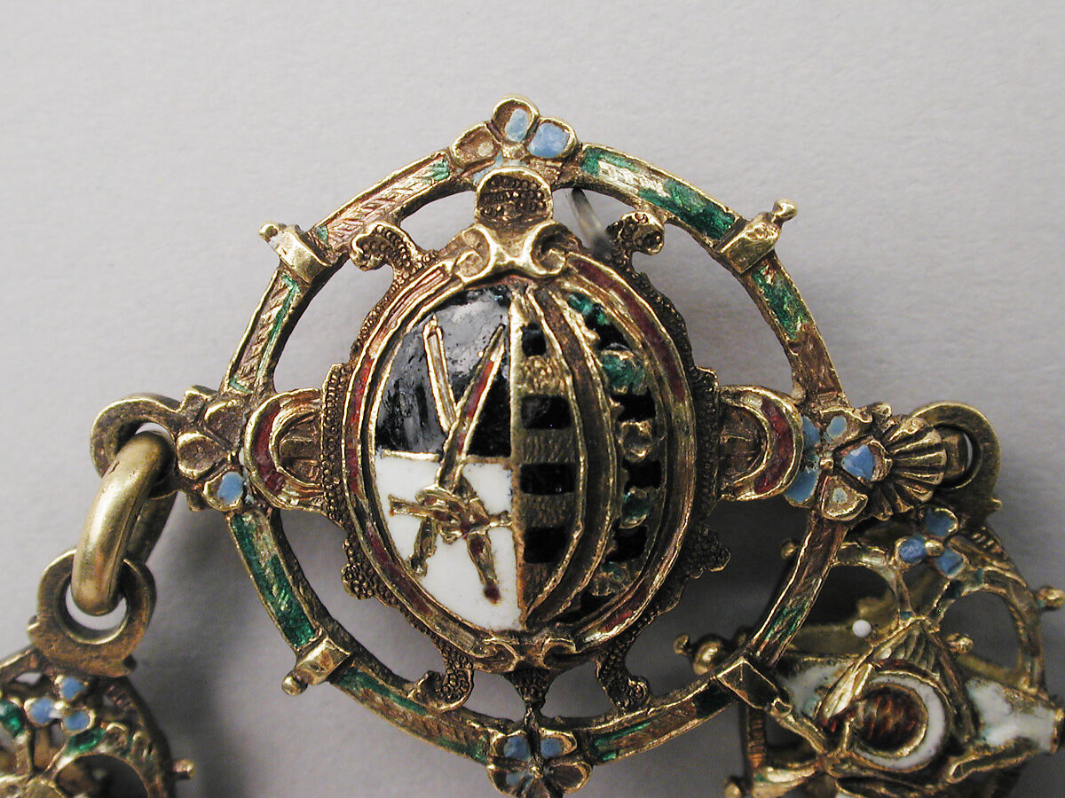 Heraldic chain with pendant badge, Michael Botza (active 1592–1633), Partly enameled gold, pearl, German, Dresden
