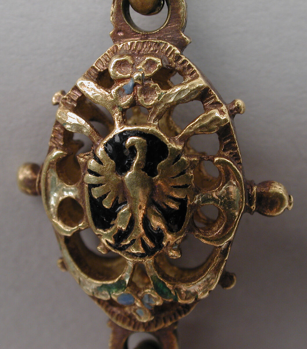 Heraldic chain with pendant badge, Michael Botza (active 1592–1633), Partly enameled gold, pearl, German, Dresden