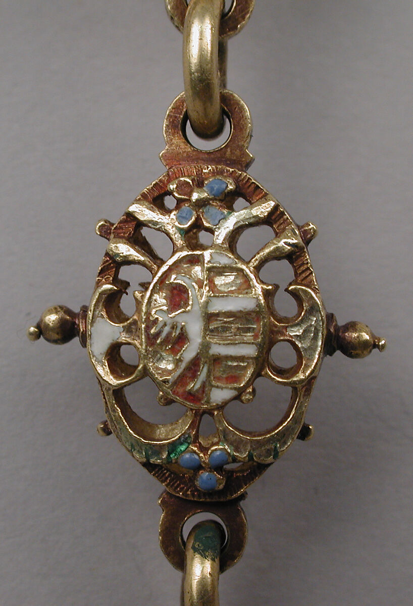 Heraldic chain with pendant badge, Michael Botza (active 1592–1633), Partly enameled gold, pearl, German, Dresden