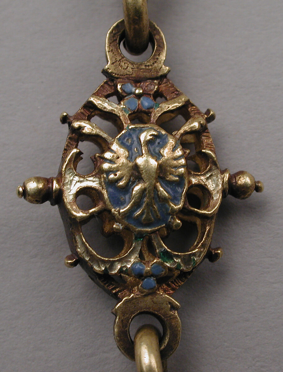 Heraldic chain with pendant badge, Michael Botza (active 1592–1633), Partly enameled gold, pearl, German, Dresden
