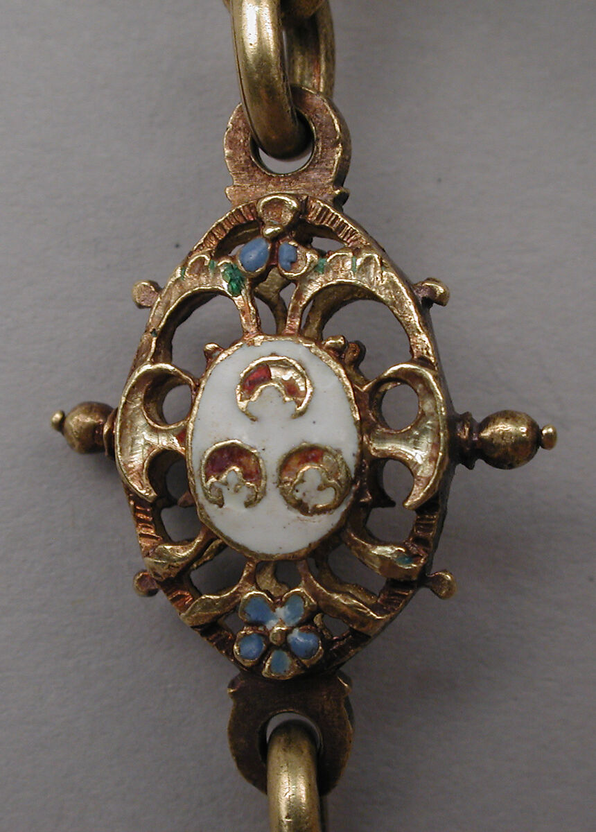 Heraldic chain with pendant badge, Michael Botza (active 1592–1633), Partly enameled gold, pearl, German, Dresden