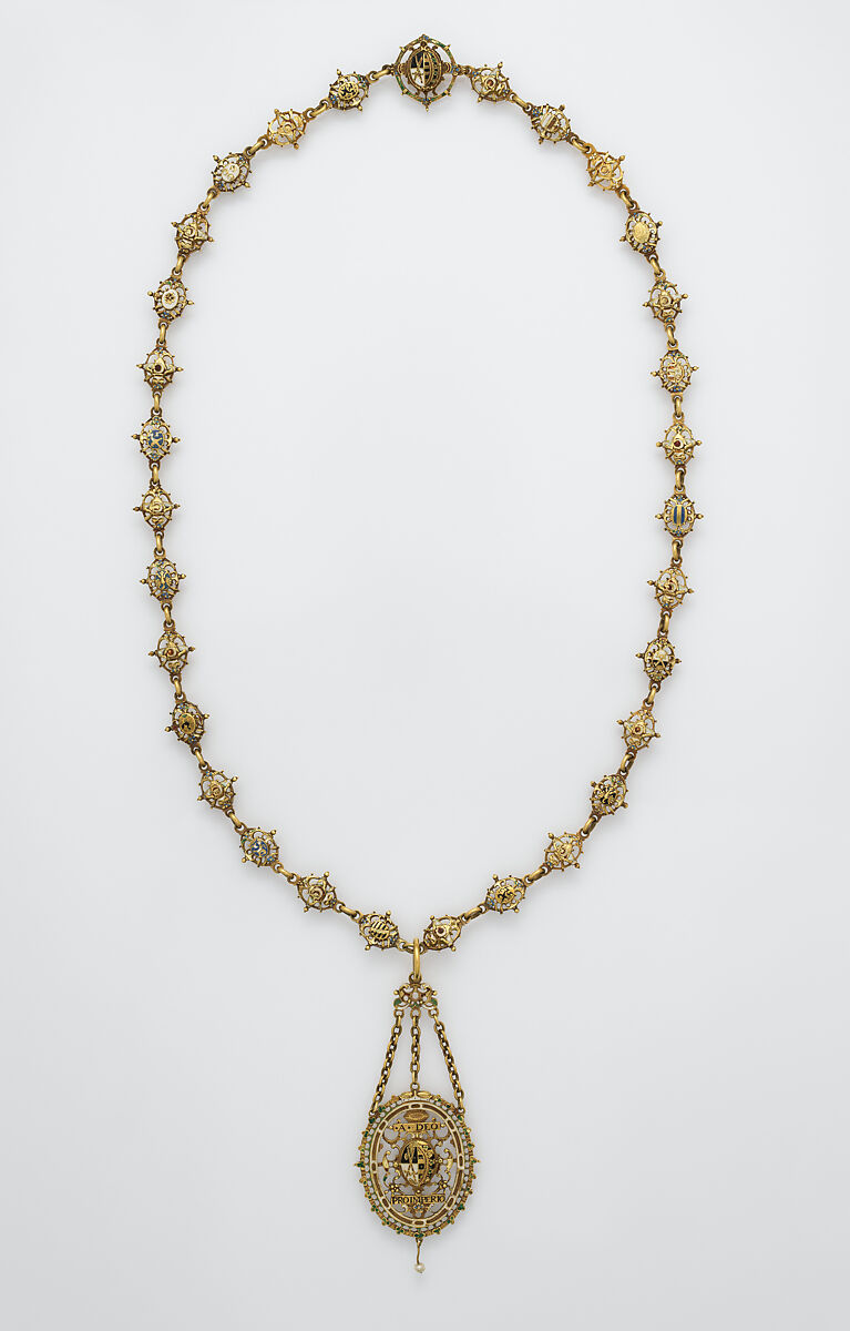 Heraldic chain with pendant badge, Michael Botza (active 1592–1633), Partly enameled gold, pearl, German, Dresden 
