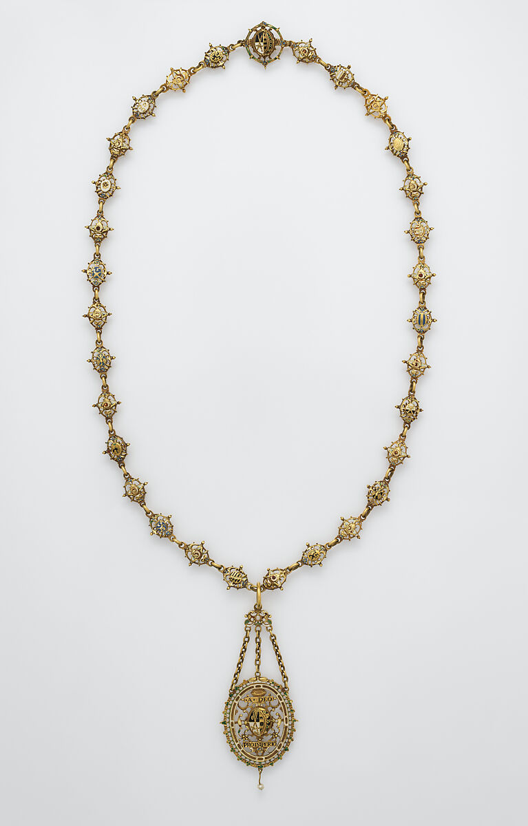 Heraldic chain with pendant badge, Michael Botza, Partly enameled gold, pearl, German, Dresden