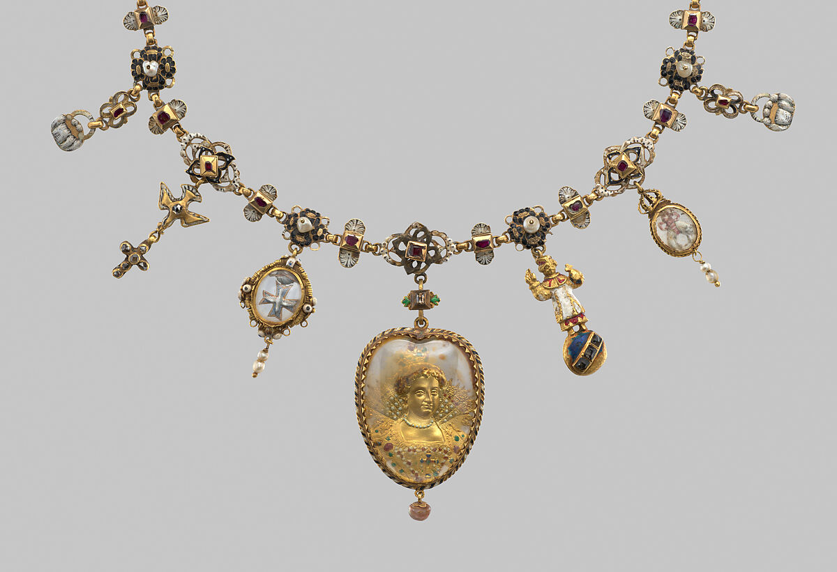 Necklace, Gold, enamel, rubies, pearls, amethysts, topaz, diamonds, probably French