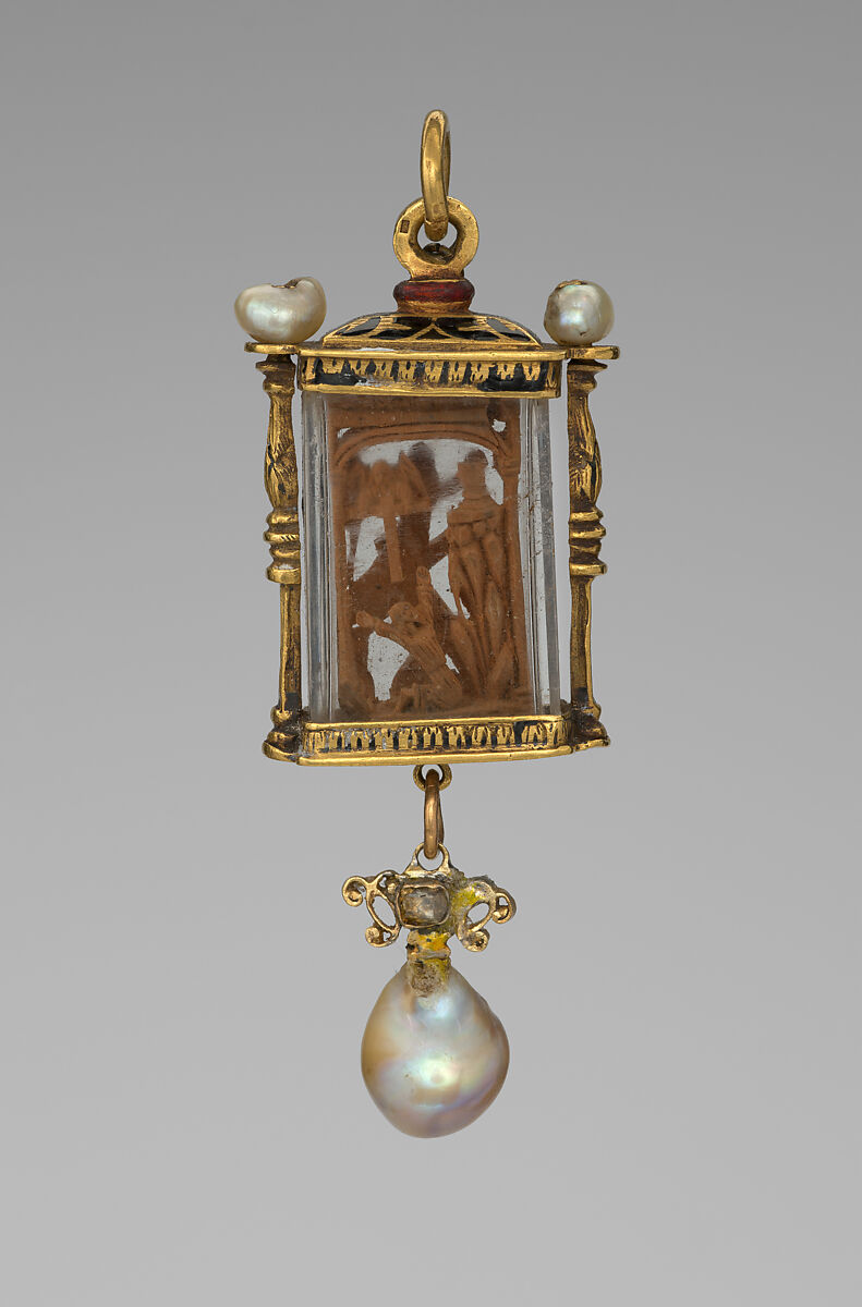 Pendant, Crystal, enamel, gold, pearls, boxwood, Mexican