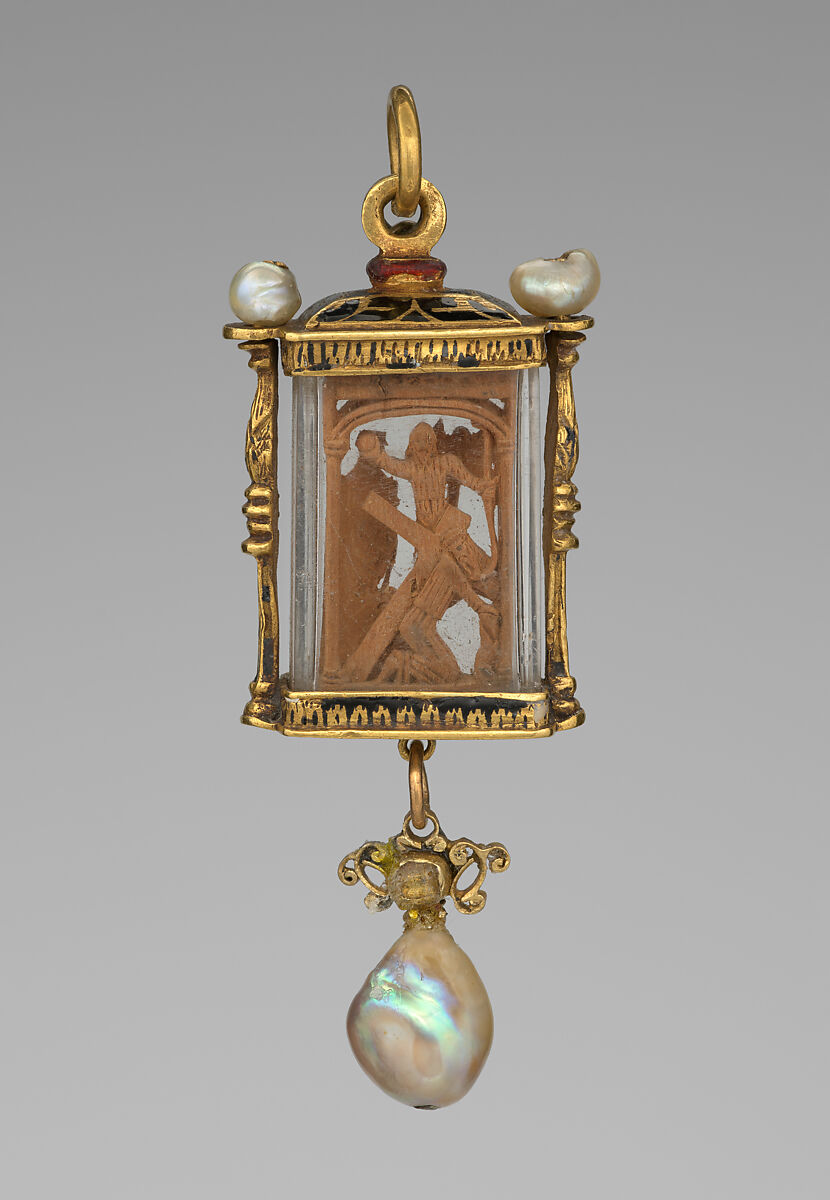 Pendant, Crystal, enamel, gold, pearls, boxwood, Mexican