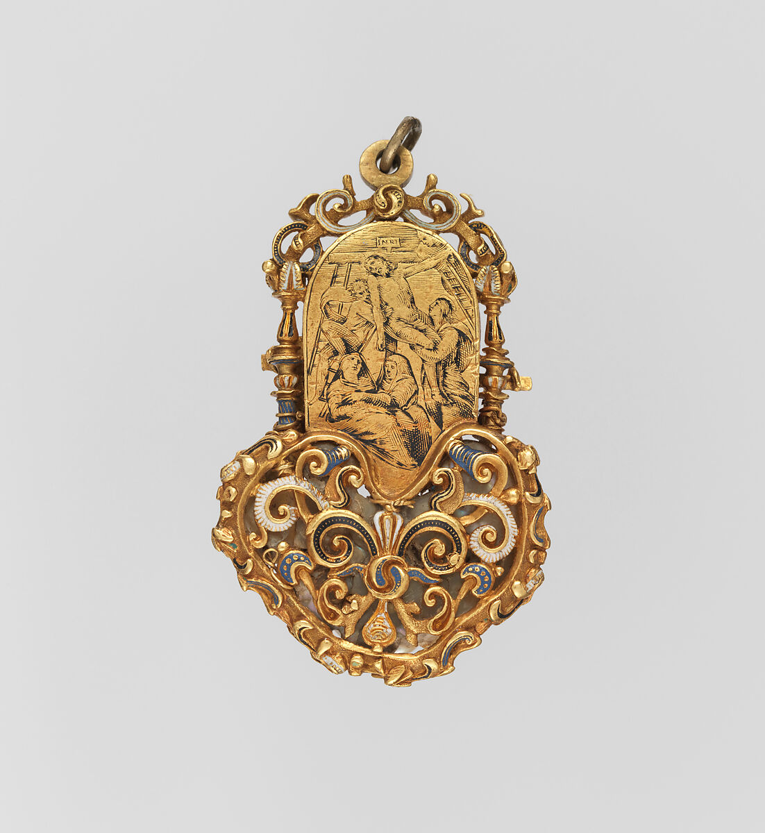 The Crucifixion, Gold, partly enameled, Baroque pearl, Northern European