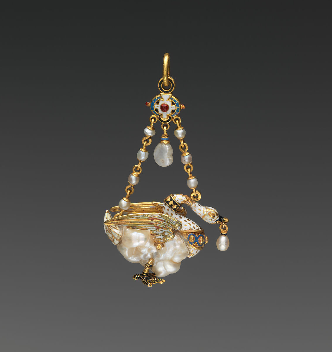 Pendant in the form of a swan, Gold, partly enameled; pearls, Northern European