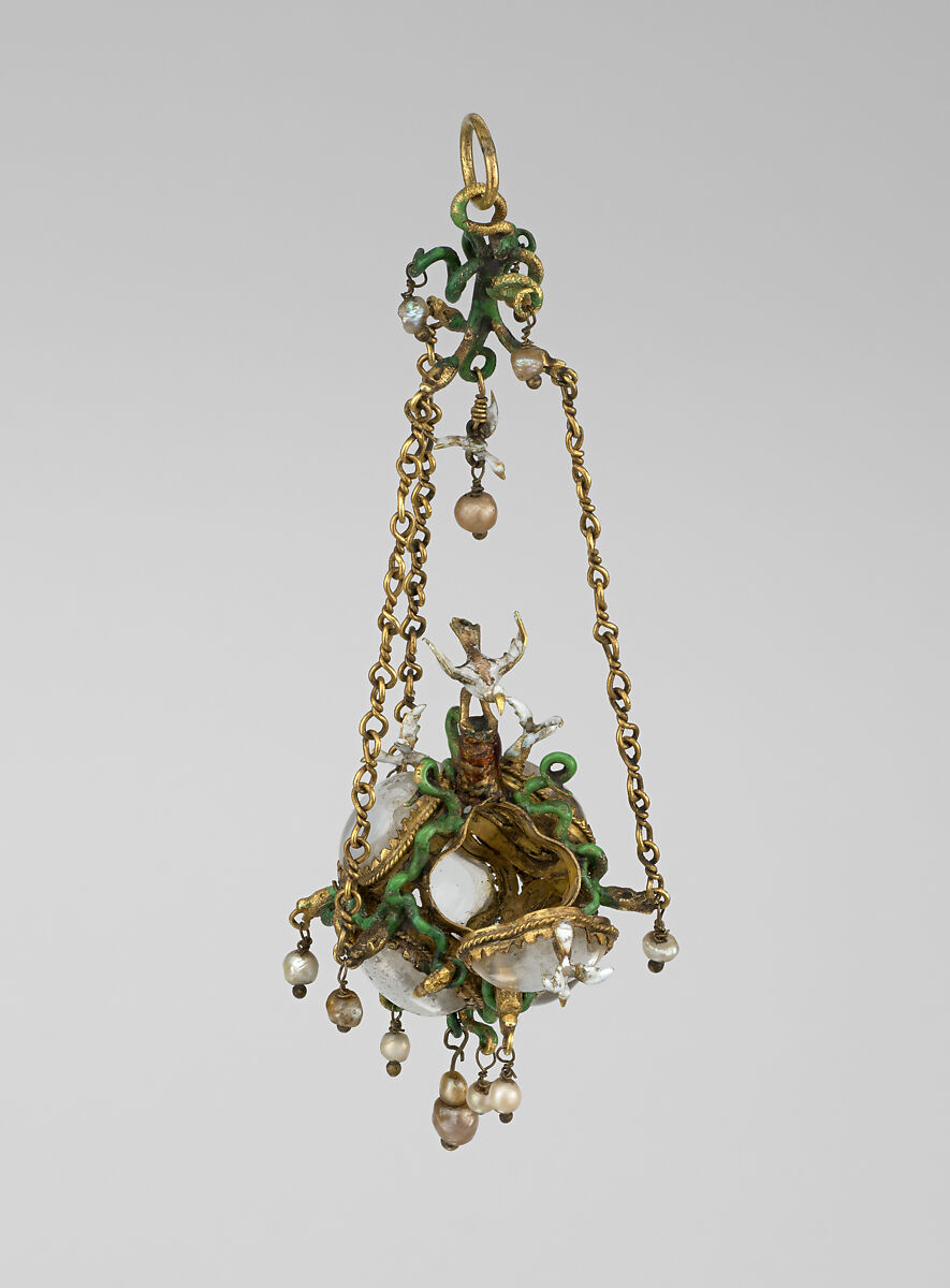 Sixteenth-century-style pendant, Crystal, gold, enamel, pearls, French