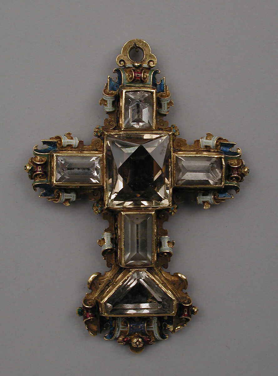 Reliquary cross, Gold, partly enameled, set with rock crystal, probably Southern German 