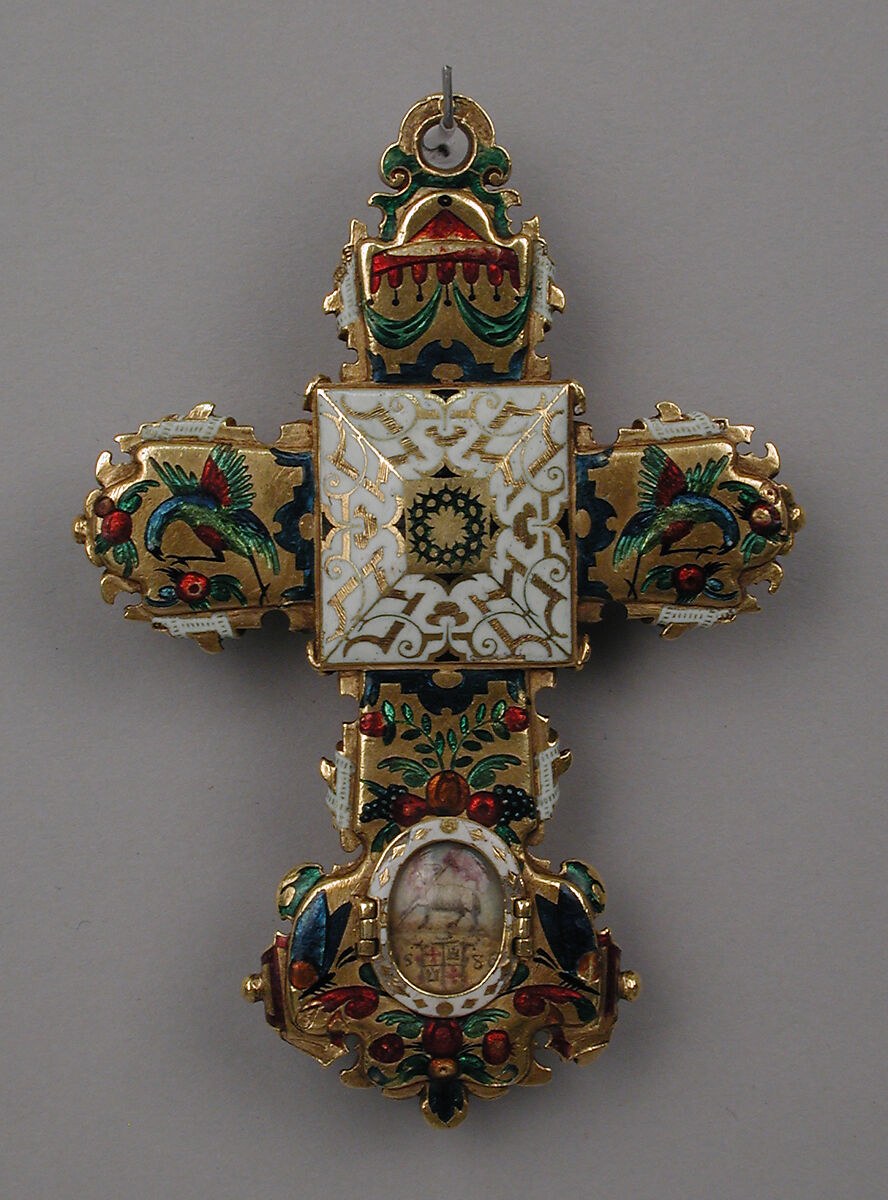 Reliquary cross, Gold, partly enameled, set with rock crystal, probably Southern German