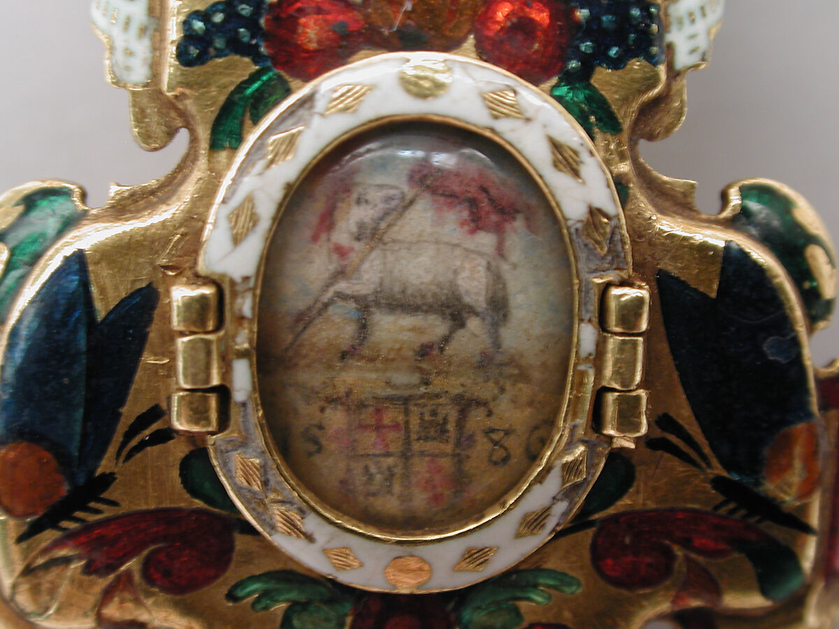 Reliquary cross, Gold, partly enameled, set with rock crystal, probably Southern German