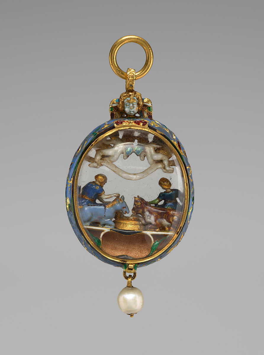 Pendant, Rock crystal, enameled gold, pearl, German