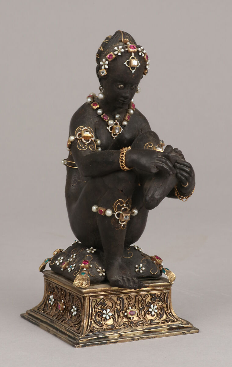 Woman pulling a thorn from her foot, Ambergris, gold, jewels, enamel, European