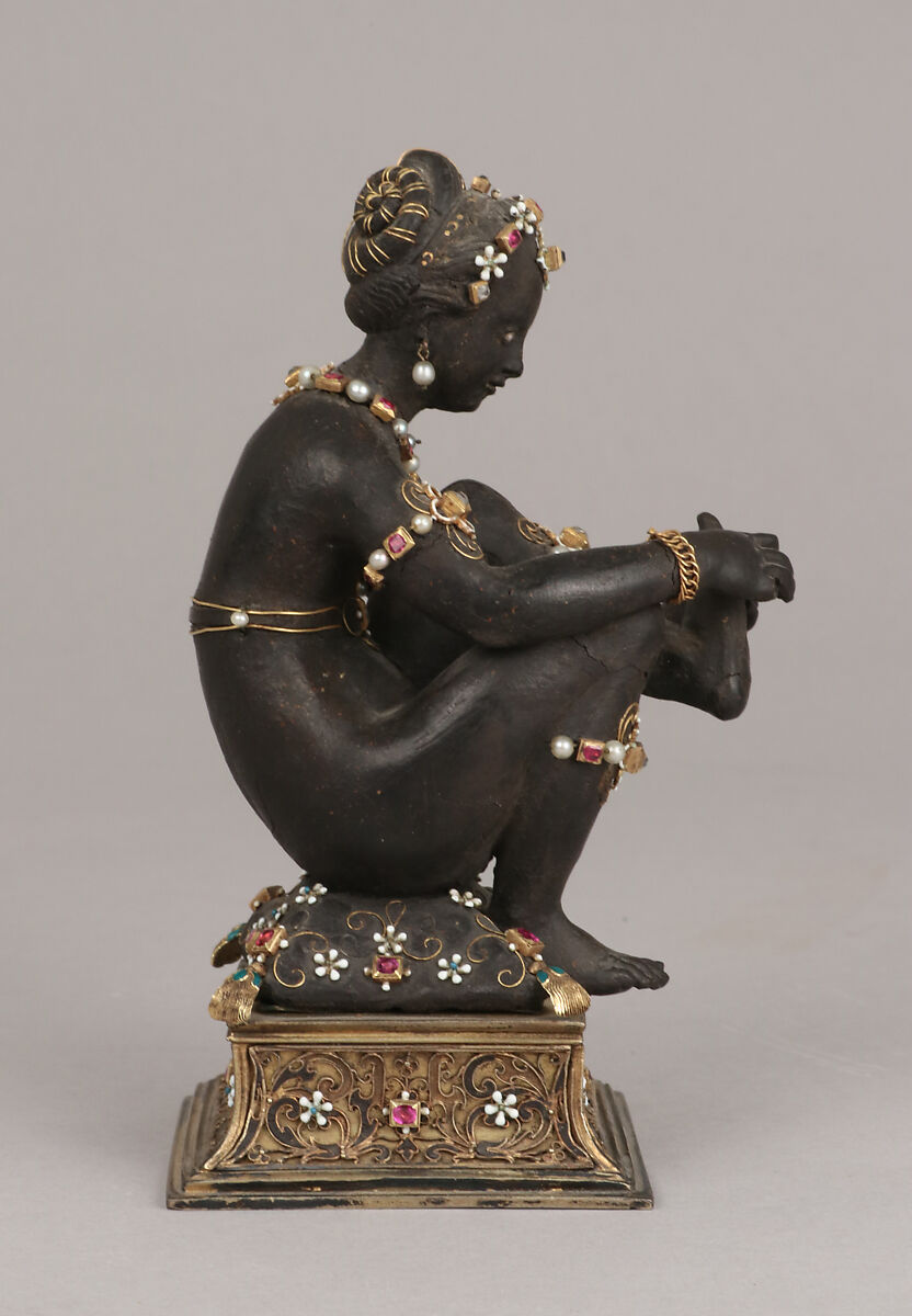 Woman pulling a thorn from her foot, Ambergris, gold, jewels, enamel, European