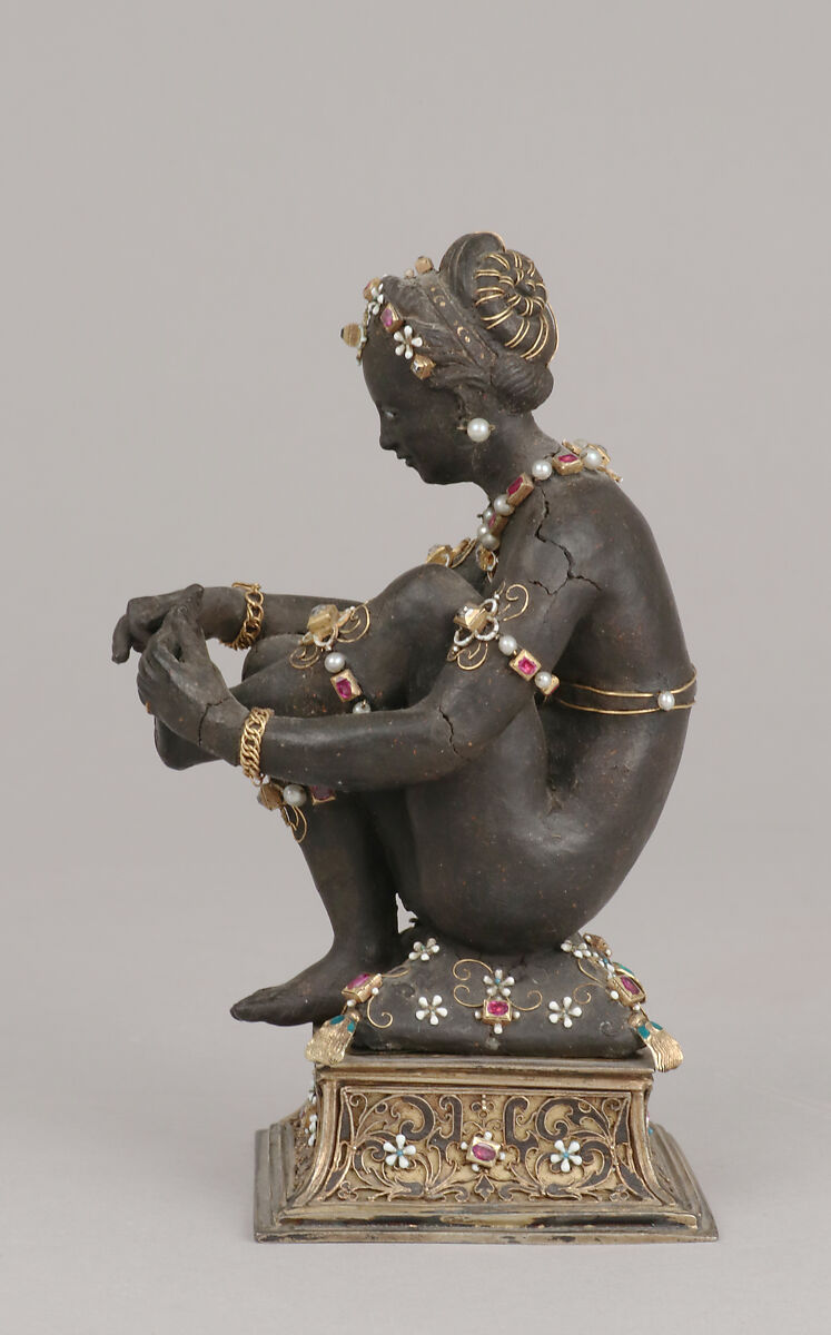 Woman pulling a thorn from her foot, Ambergris, gold, jewels, enamel, European