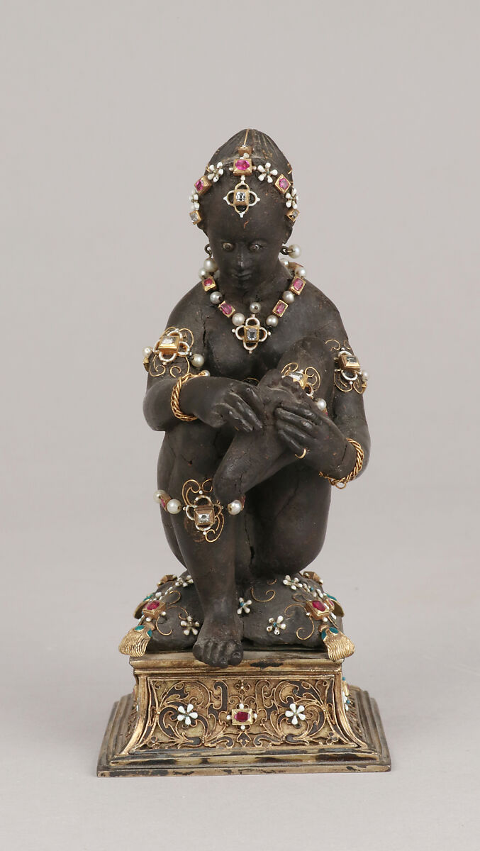 Woman pulling a thorn from her foot, Ambergris, gold, jewels, enamel, European 
