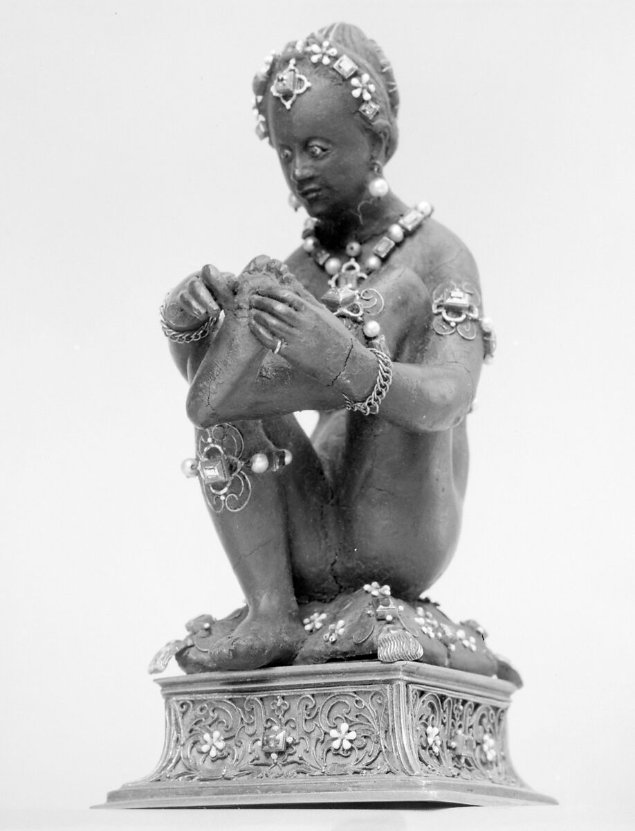 Woman pulling a thorn from her foot, Ambergris, gold, jewels, enamel, European