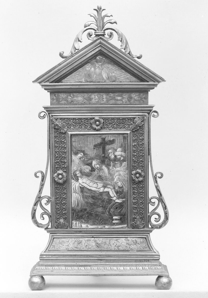 Pietà, Basse-taille and painted enamel on silver; champlevé enamel on silver; silver filigree, partly enameled; gilt copper and gilt brass, Italian, Lombardy 