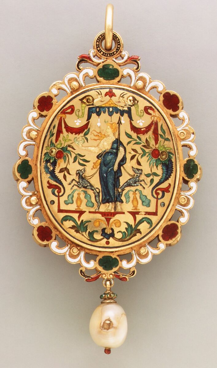 Prudence, Enamel on reverse after a design by Etienne Delaune (French, Orléans 1518/19–1583 Strasbourg), Chalcedony, mounted in gold with enamel, rubies, emeralds, diamond, and pearl, French, Paris