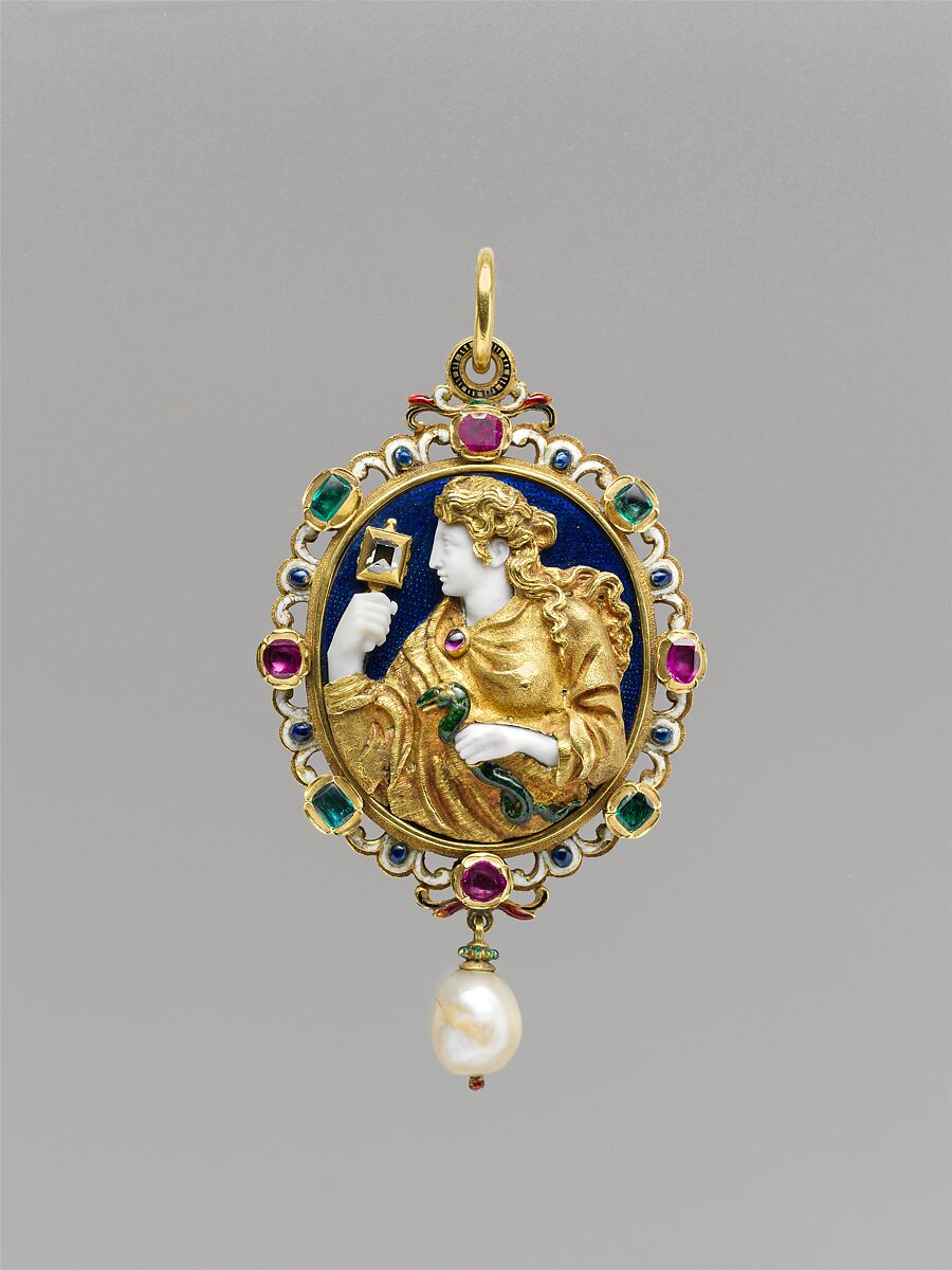 Prudence, Enamel on reverse after a design by Etienne Delaune (French, Orléans 1518/19–1583 Strasbourg), Chalcedony, mounted in gold with enamel, rubies, emeralds, diamond, and pearl, French, Paris 