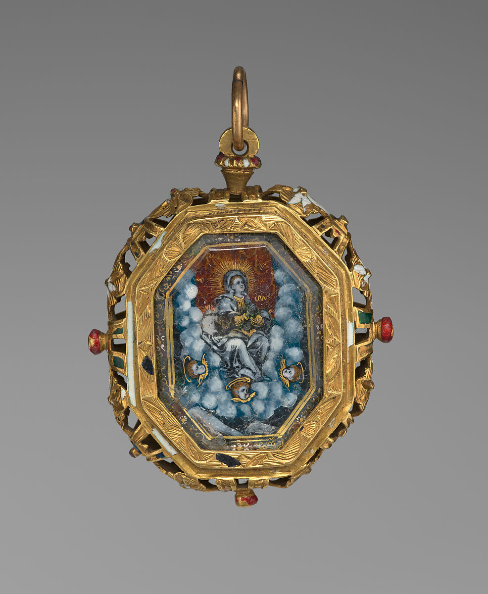 Pendant reliquary with deptiction of the Virgin Mary and St. John the Baptist, Gold, rock crystal, enamel, verre églomisé, Spanish