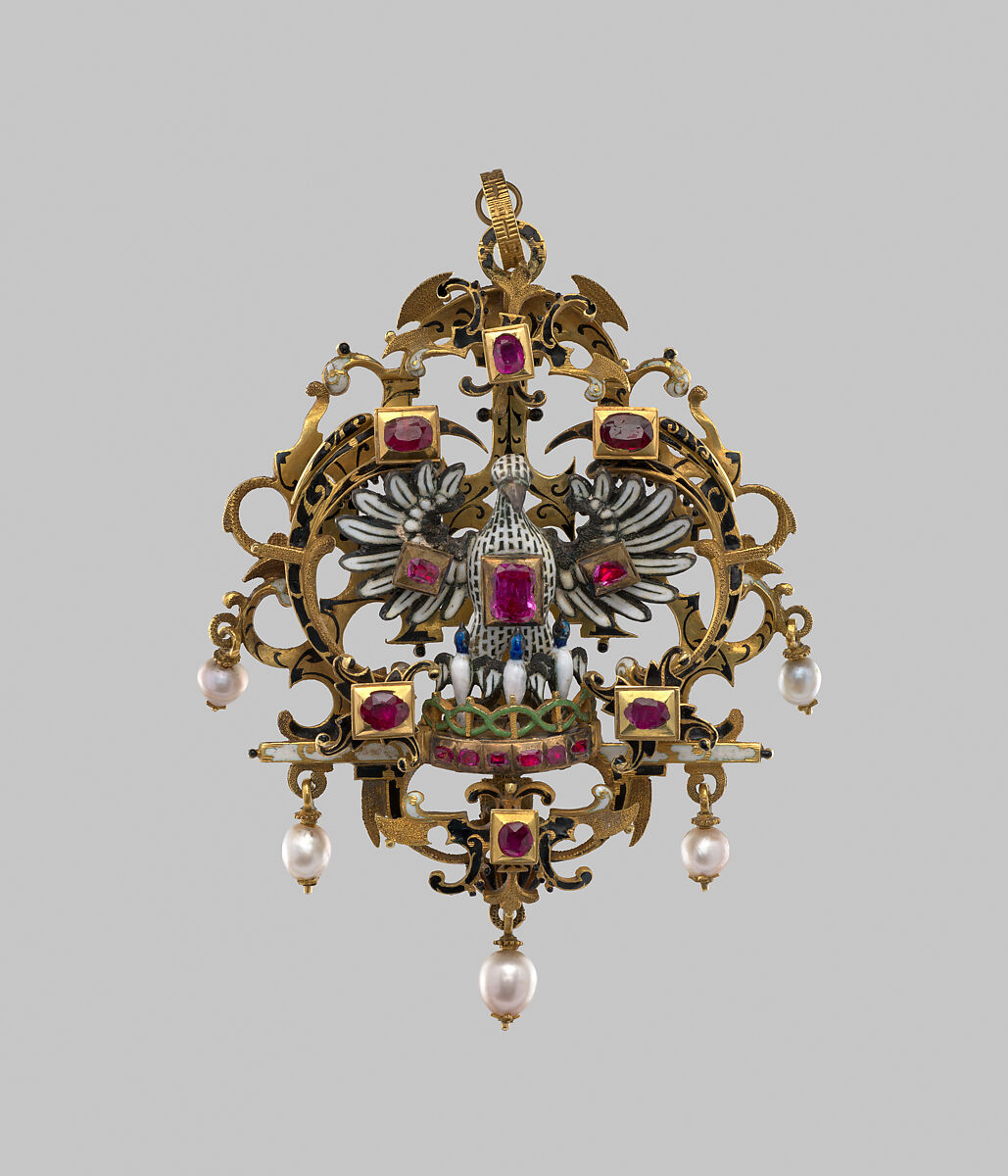 Pendant of Pelican-in-her-piety, Gold, enamel, rubies, pearls, German 