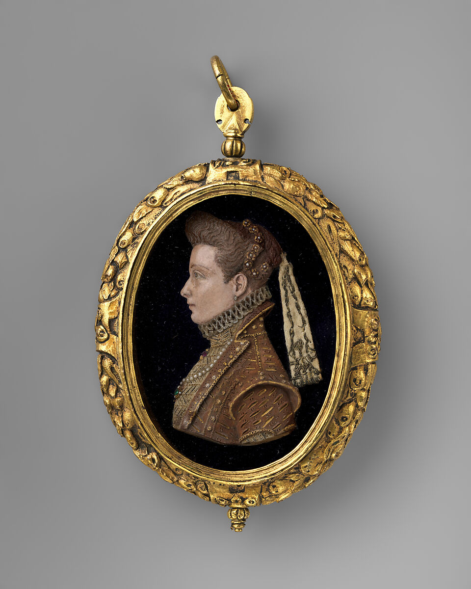 Portrait of a lady, Pigmented wax, seed pearls, emerald, ruby, linen, metal thread; gilded-copper or brass alloy, glass, probably French (wax), probably southern German or northern Italian (case) 