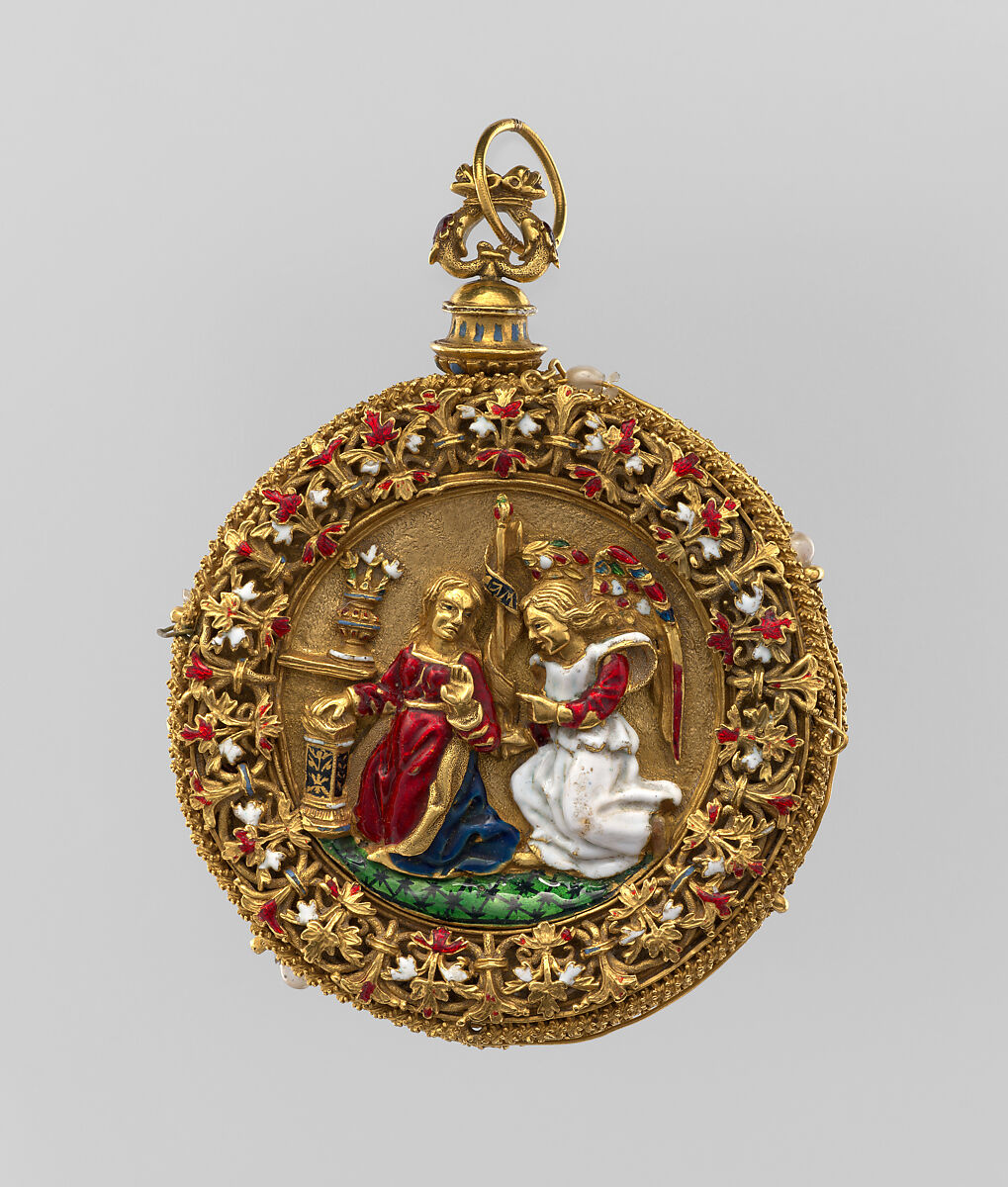 Pendant with scene of the Annunciation, Salomon Weininger (Austrian, 1822–1879), Gold, enamel, glass, pearls, Austrian, Vienna 