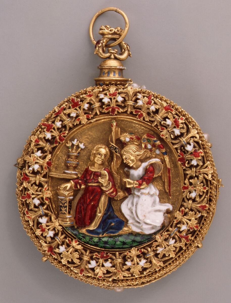 Pendant with The Annunciation, Salomon Weininger (Austrian, 1822–1879), Gold, enamel, glass, pearls, Austrian, Vienna 