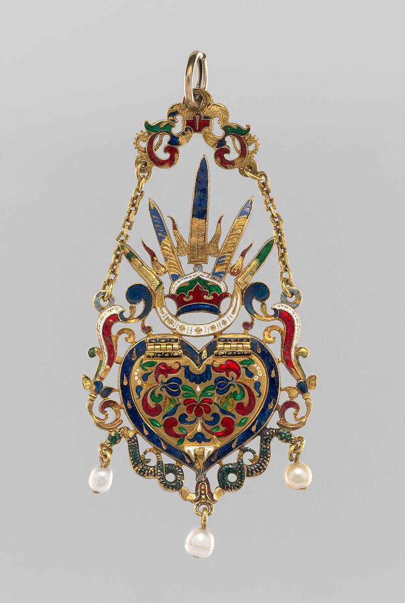 Pendant, Gold, enamel, amethysts, emeralds, rubies, pearls, probably British