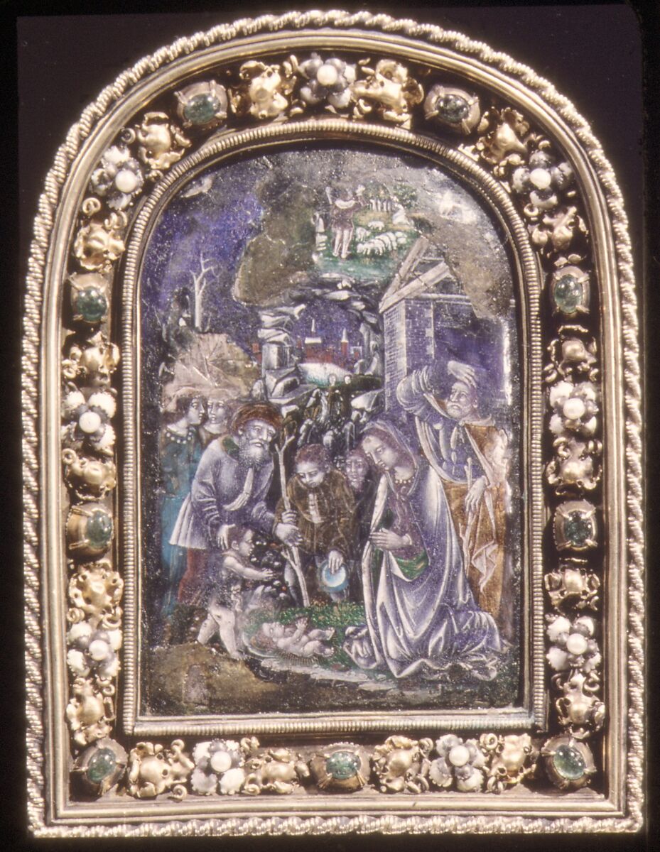 Adoration of the Shepherds, Basse-taille and painted enamel on silver; gilt-silver frame mounted with silver and partly enameled gold, and set with emeralds and pearls, Italian, Lombardy, probably Milan 