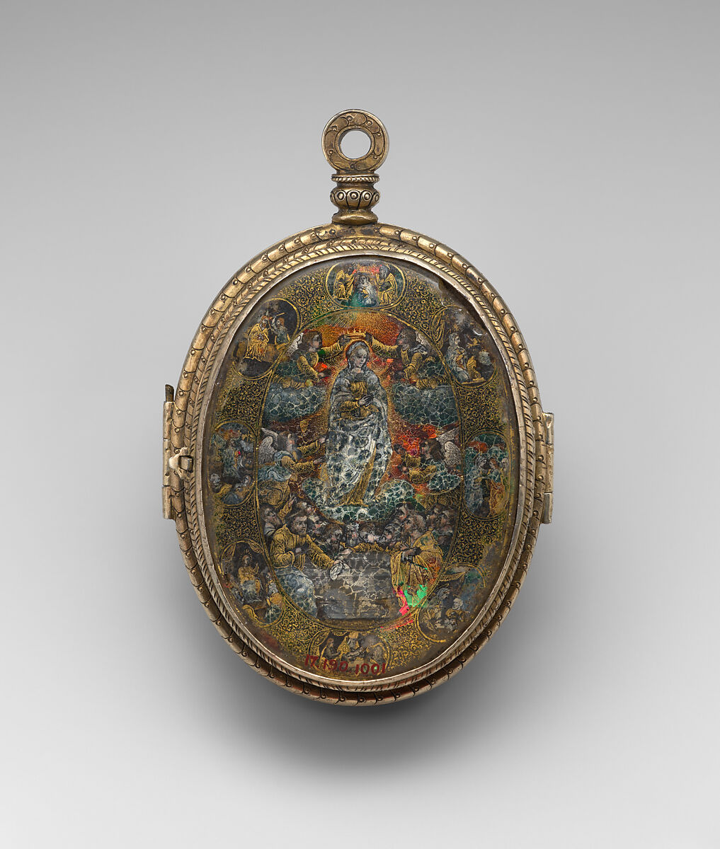 Pendant reliquary, Silver gilt, reverse-painted rock crystal, painted vellum, Northern Italian, Lombardy