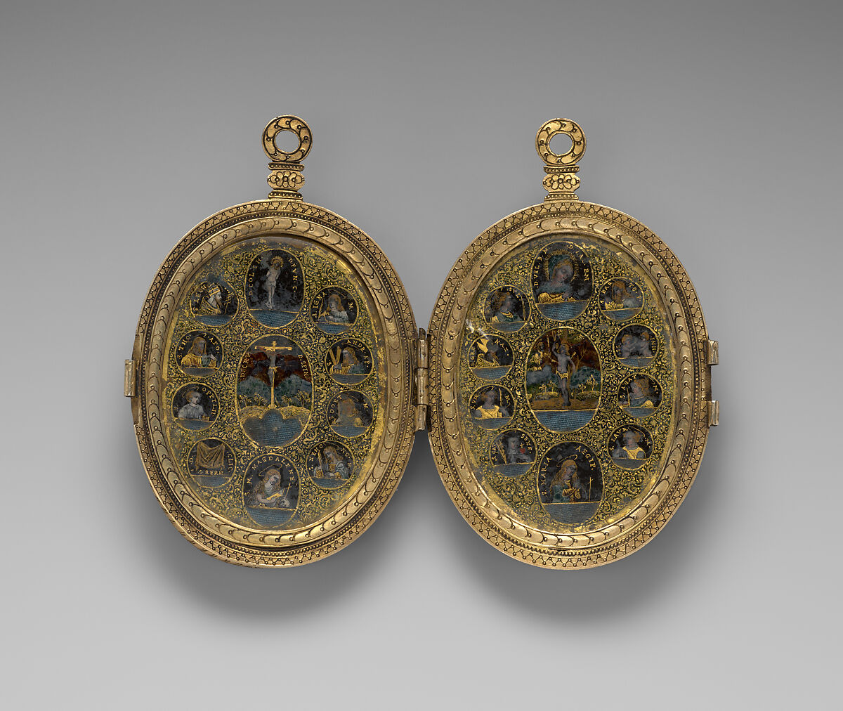 Pendant reliquary, Silver gilt, reverse-painted rock crystal, painted vellum, Northern Italian, Lombardy
