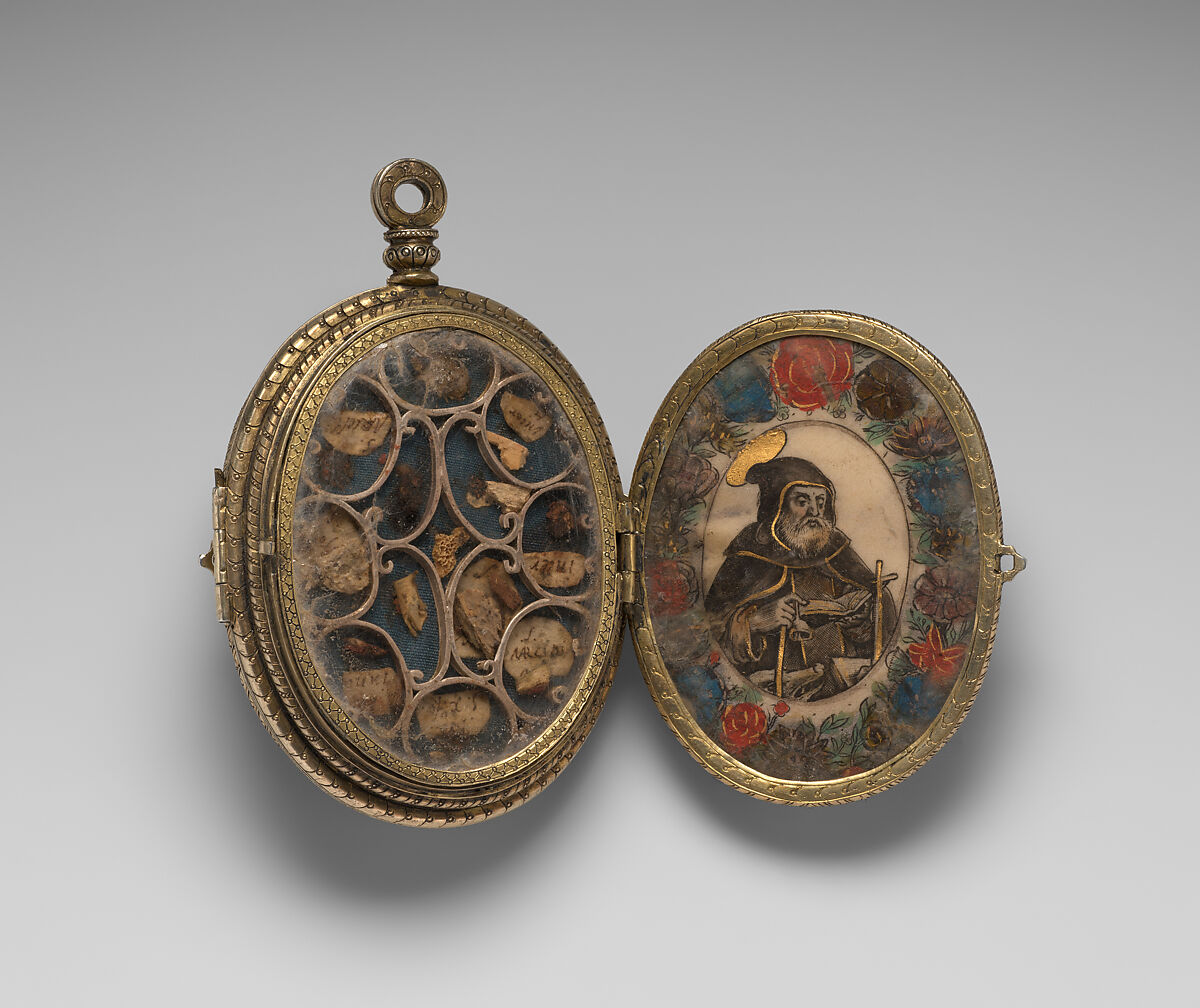 Pendant reliquary, Silver gilt, reverse-painted rock crystal, painted vellum, Northern Italian, Lombardy