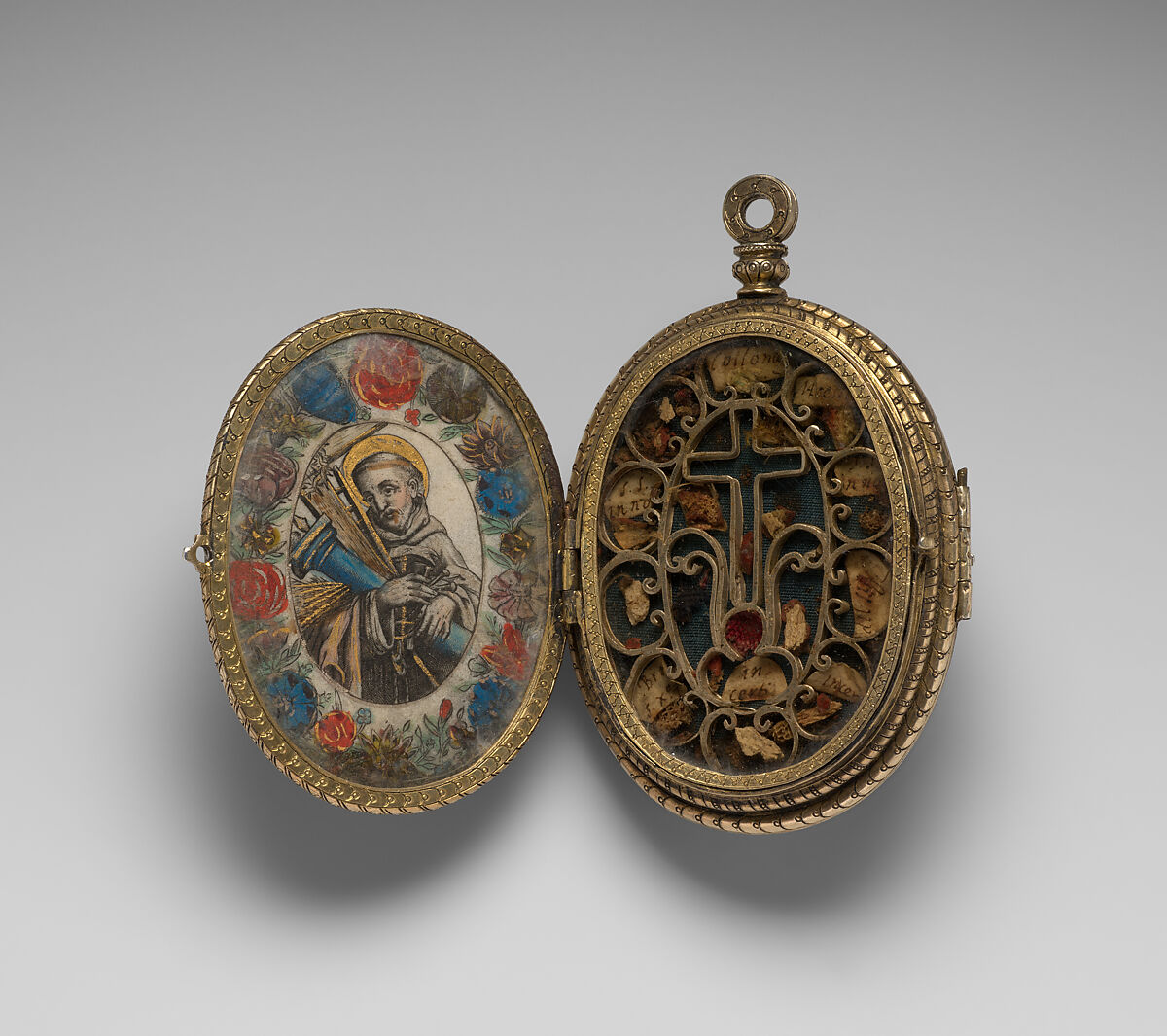 Pendant reliquary, Silver gilt, reverse-painted rock crystal, painted vellum, Northern Italian, Lombardy
