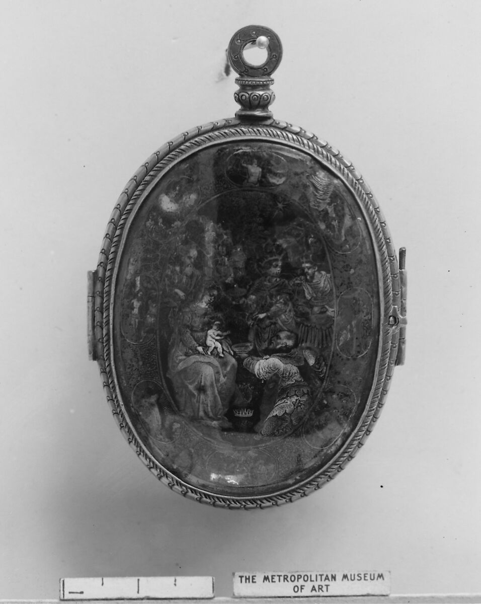 Pendant reliquary, Silver gilt, reverse-painted rock crystal, painted vellum, Northern Italian, Lombardy 