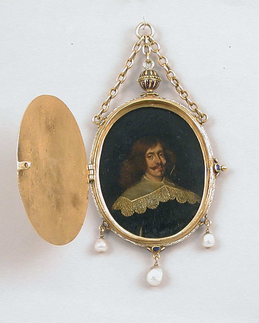 Imitation second-quarter-seventeenth-century medallion with miniature, Gold, enamel, pearls; oil on copper, European