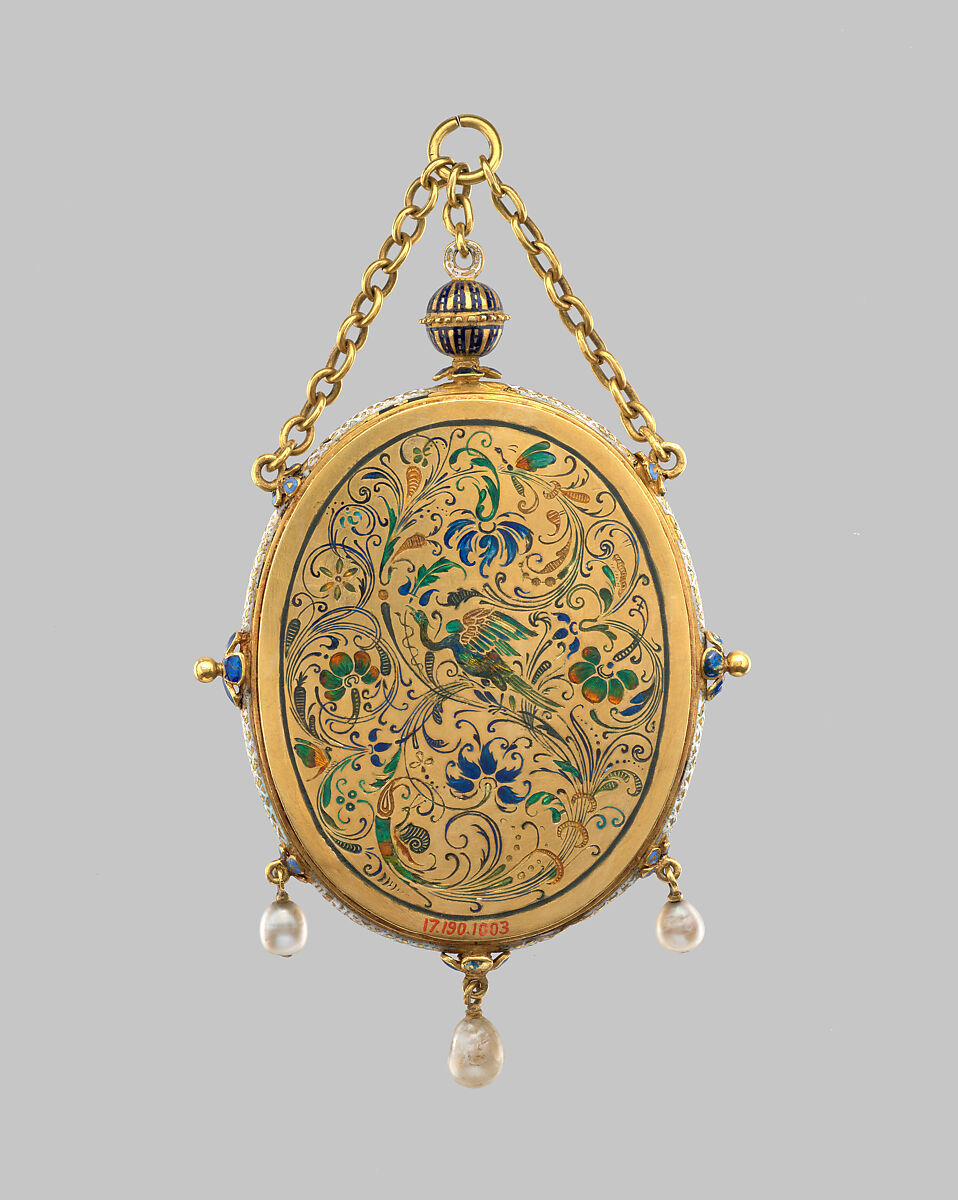 Imitation second-quarter-seventeenth-century medallion with miniature, Gold, enamel, pearls; oil on copper, European
