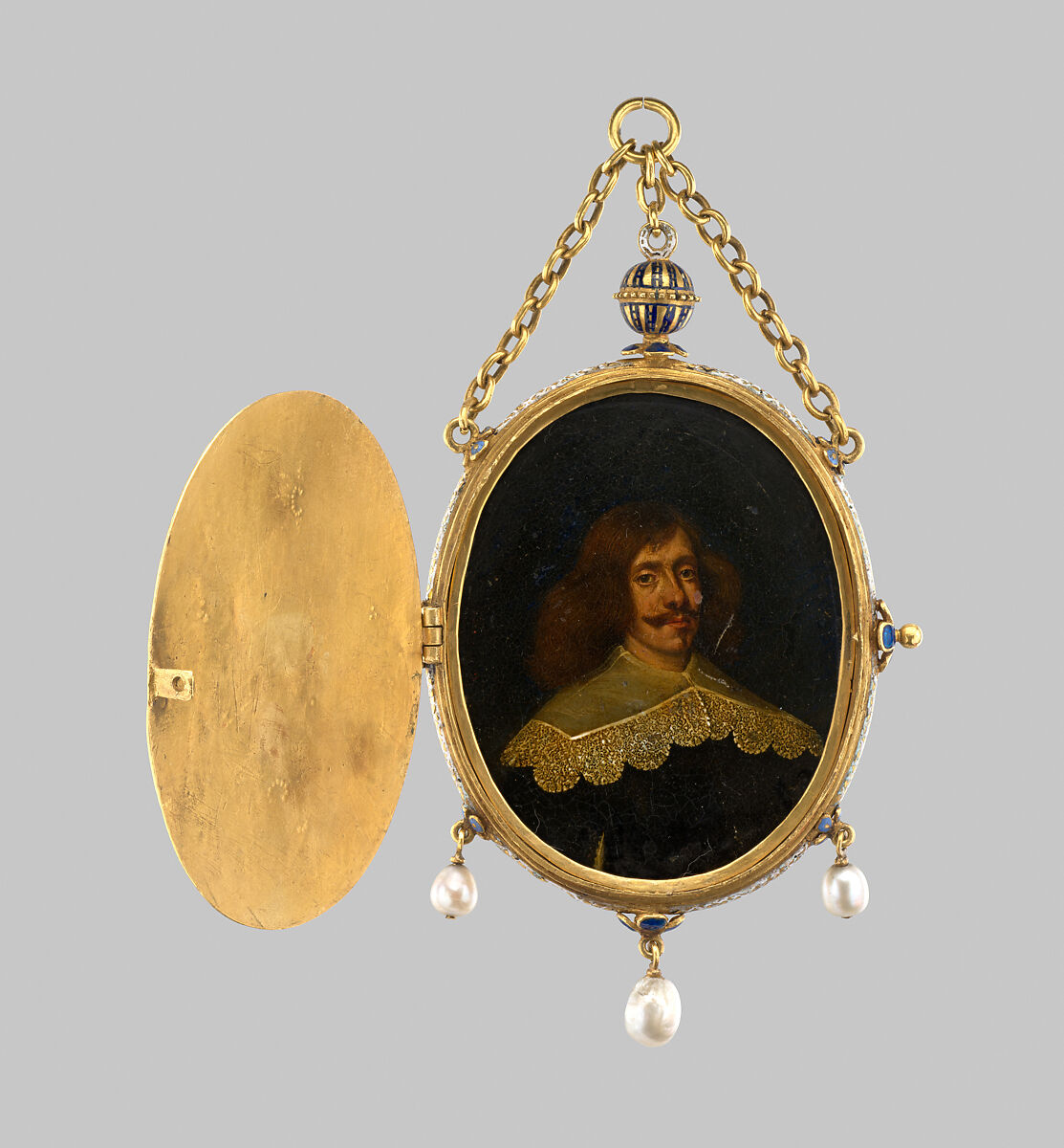 Imitation second-quarter-seventeenth-century medallion with miniature, Gold, enamel, pearls; oil on copper, European