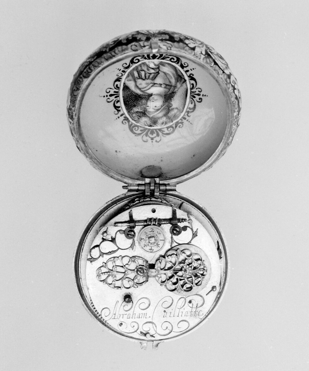 Watch, Watchmaker: Abraham Cailliatte (1642–1710), Enamel on gold, gilded brass, silver, blued steel, Swiss, Geneva