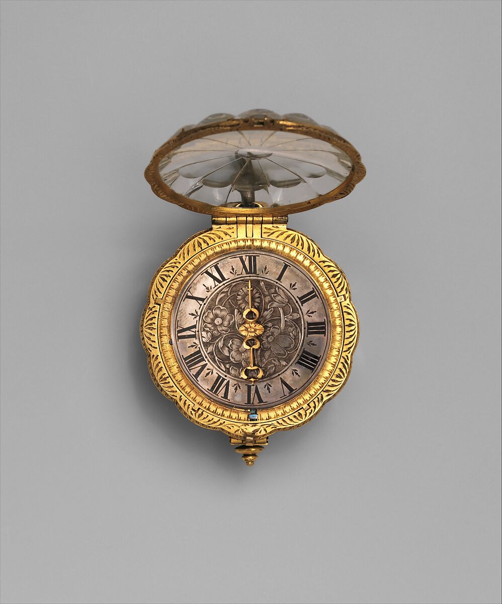 Watch, Watchmaker: probably Jean Rousseau the Younger (Swiss, 1606–1684), Case: rock crystal mounted in gilded brass; Dial: silver and black enamel with gilded-brass hand; Movement: gilded brass and partly blued steel, Swiss, Geneva