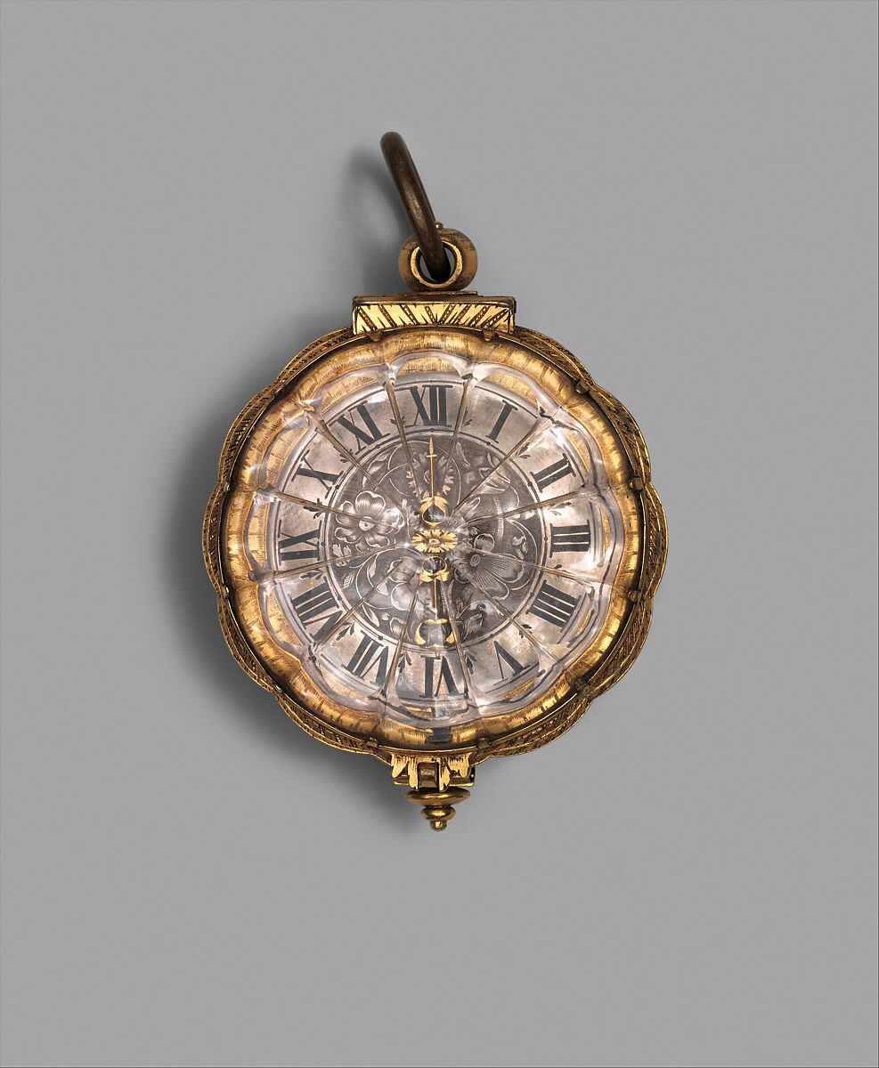 Watch, Watchmaker: probably Jean Rousseau the Younger (Swiss, 1606–1684), Case: rock crystal mounted in gilded brass; Dial: silver and black enamel with gilded-brass hand; Movement: gilded brass and partly blued steel, Swiss, Geneva